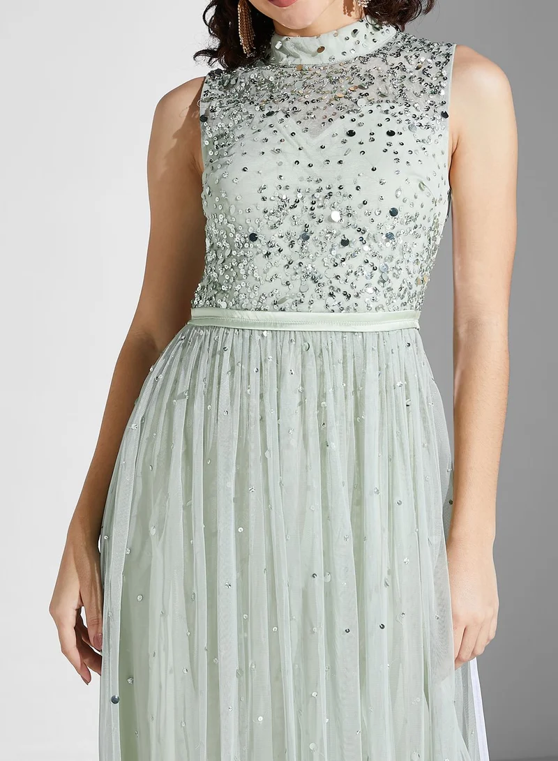 Amelia Rose High Neck Embellished Belted Tiered Dress