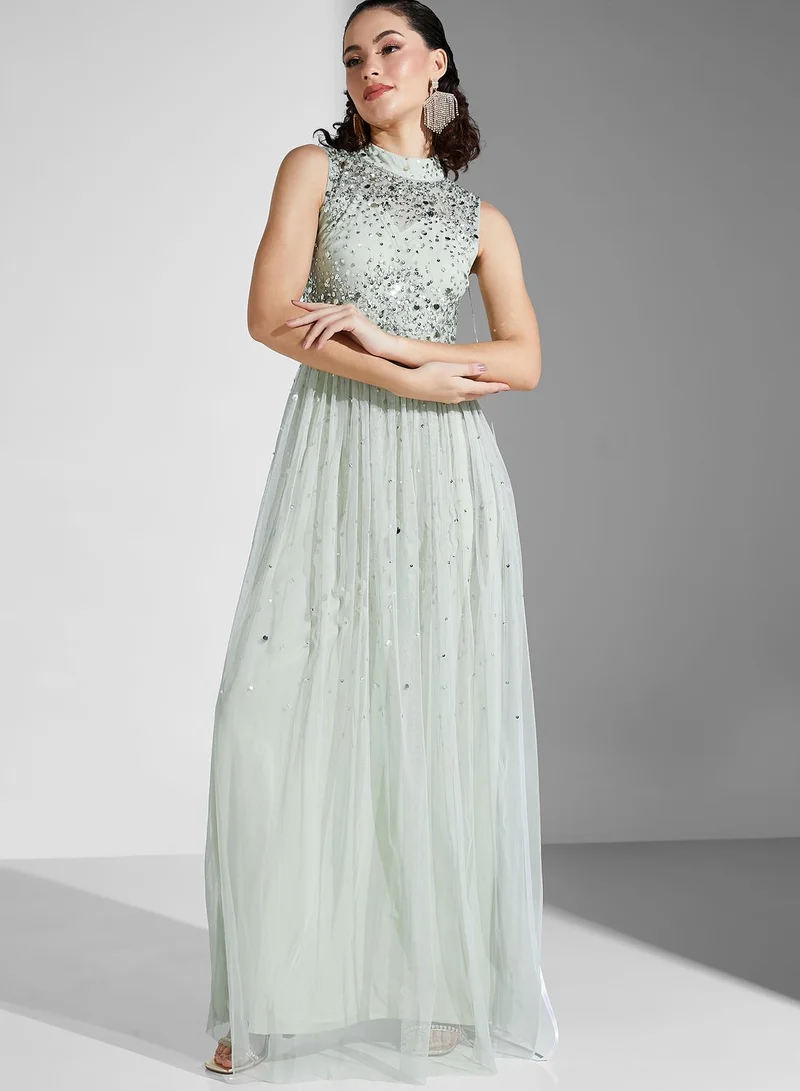 Amelia Rose High Neck Embellished Belted Tiered Dress