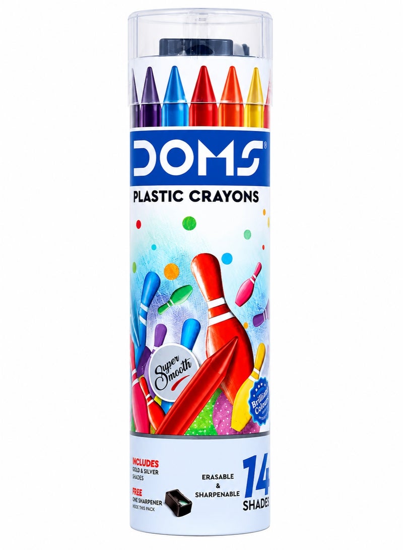 DOMS Pack of 2  DOMS Plastic Crayons Set, 14 Erasable & Sharpenable Shades with Sharpener in Round Tin Box for Kids Drawing & Coloring - Image 1