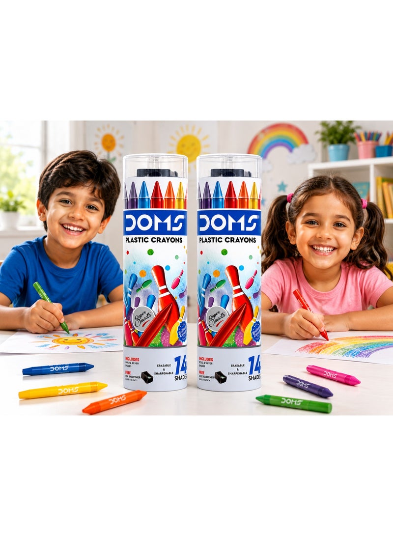 DOMS Pack of 2  DOMS Plastic Crayons Set, 14 Erasable & Sharpenable Shades with Sharpener in Round Tin Box for Kids Drawing & Coloring - Image 2