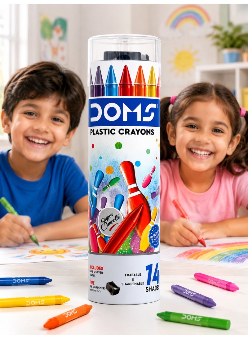 DOMS Pack of 2  DOMS Plastic Crayons Set, 14 Erasable & Sharpenable Shades with Sharpener in Round Tin Box for Kids Drawing & Coloring - Image 3