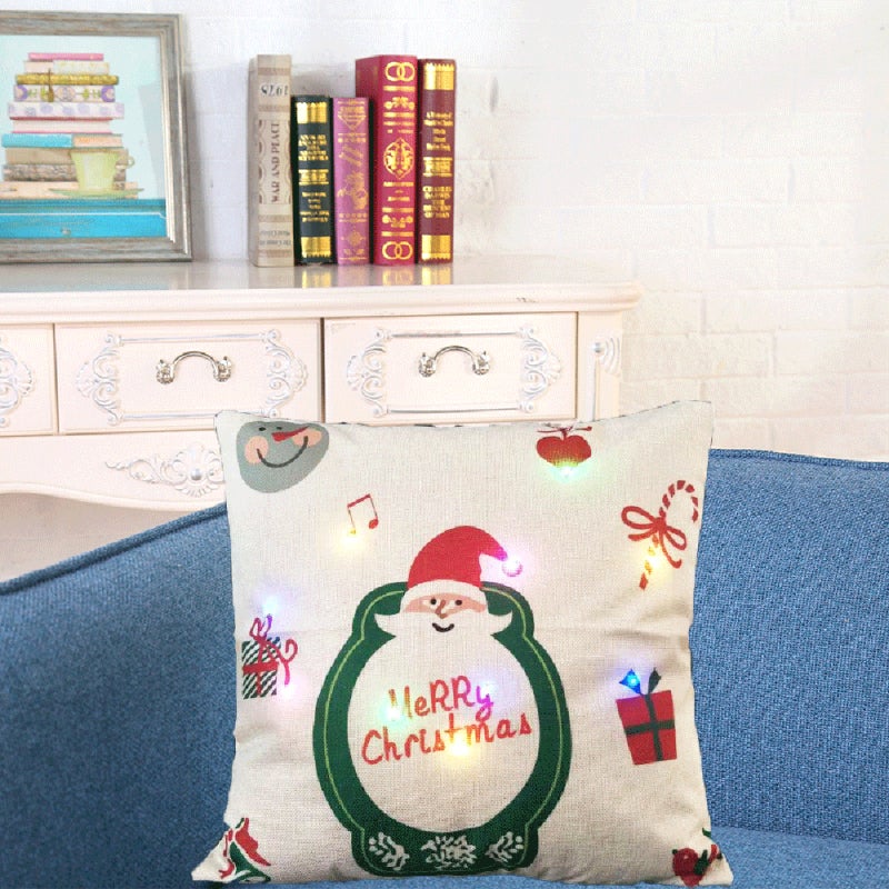 Christmas Pillowcase 18*18 Inches Linen Material Built-in Colorful LED Light Strip - Battery Powered 3* AA Batteries Button Control Pillow Cover for Home Holiday Christmas Decoration - Image 2