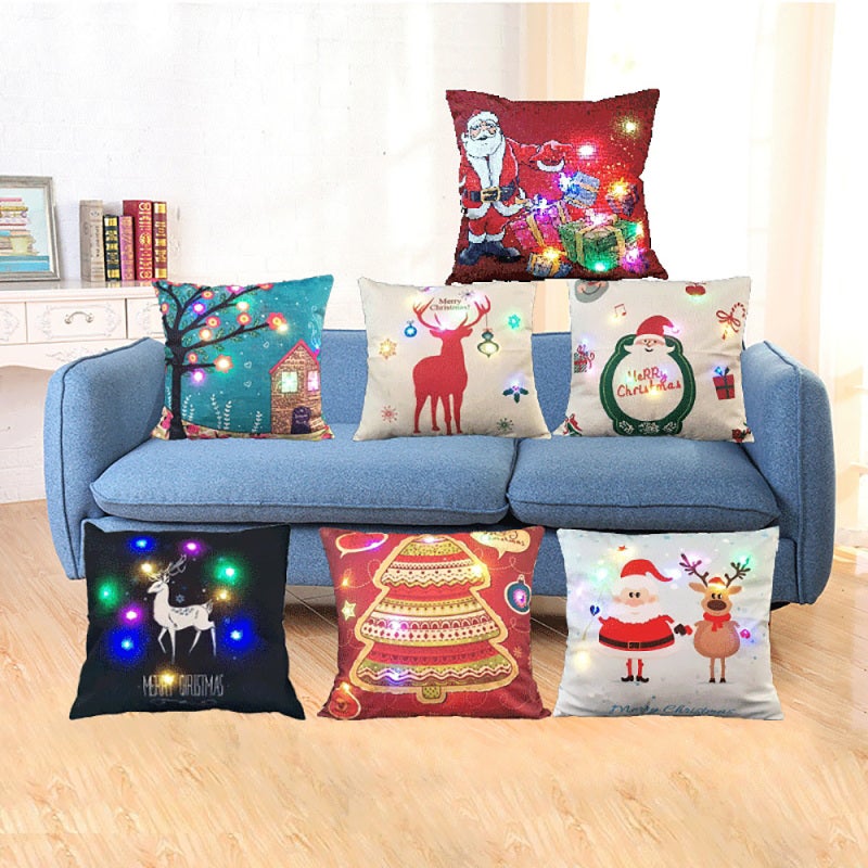 Christmas Pillowcase 18*18 Inches Linen Material Built-in Colorful LED Light Strip - Battery Powered 3* AA Batteries Button Control Pillow Cover for Home Holiday Christmas Decoration - Image 5