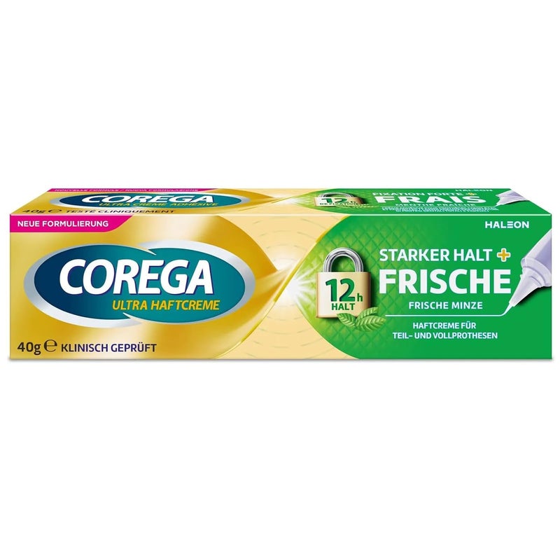 COREGA Ultra Dental Adhesive Cream, 40g, Strong Hold + Fresh Mint, Zinc-Free Formula, for Full and Partial Denture - Image 1