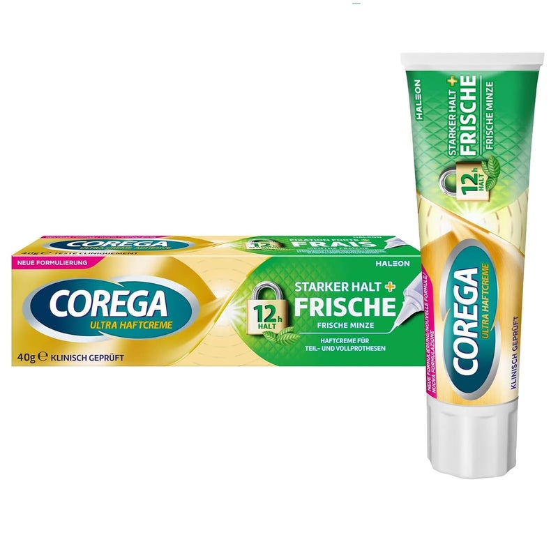 COREGA Ultra Dental Adhesive Cream, 40g, Strong Hold + Fresh Mint, Zinc-Free Formula, for Full and Partial Denture - Image 2