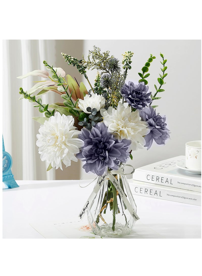 Excefore Artificial Fake Flowers, Silk Dahlia Faux Flowers, Artificial Flowers Bouquet for Home Decor, Floral Arrangement for Dining Table Centerpiece, Boho Flower Decor, White and Blue - Image 1