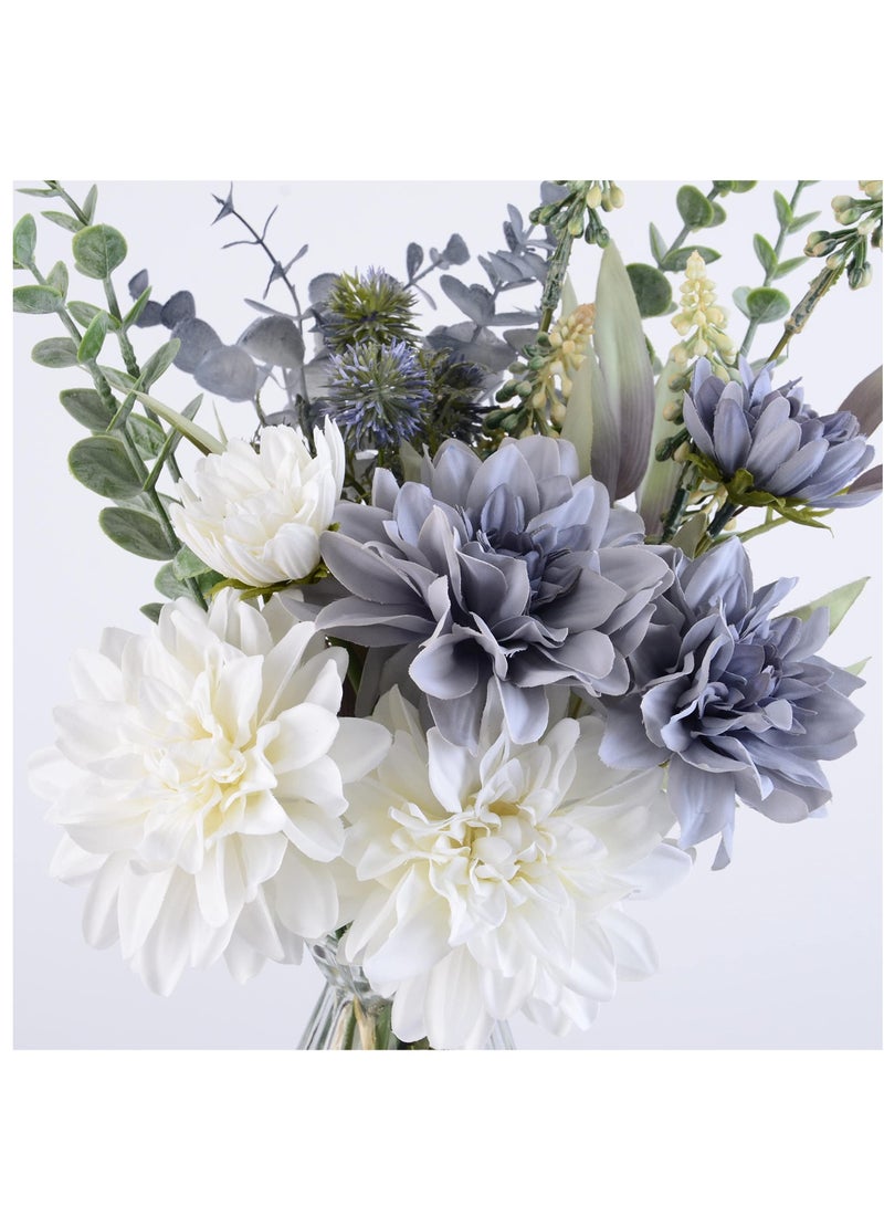 Excefore Artificial Fake Flowers, Silk Dahlia Faux Flowers, Artificial Flowers Bouquet for Home Decor, Floral Arrangement for Dining Table Centerpiece, Boho Flower Decor, White and Blue - Image 5