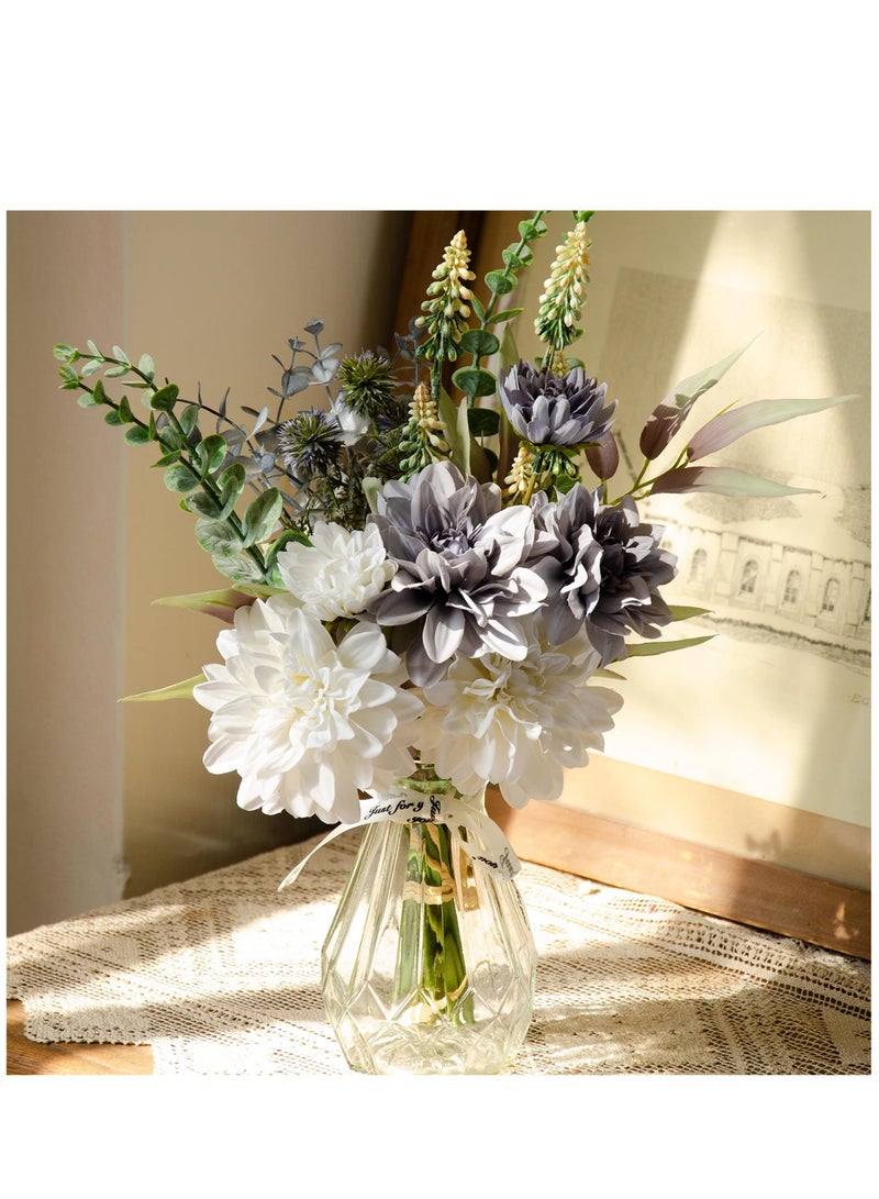 Excefore Artificial Fake Flowers, Silk Dahlia Faux Flowers, Artificial Flowers Bouquet for Home Decor, Floral Arrangement for Dining Table Centerpiece, Boho Flower Decor, White and Blue - Image 2