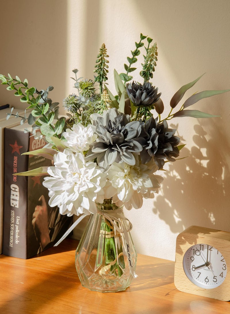 Excefore Artificial Fake Flowers, Silk Dahlia Faux Flowers, Artificial Flowers Bouquet for Home Decor, Floral Arrangement for Dining Table Centerpiece, Boho Flower Decor, White and Blue - Image 3