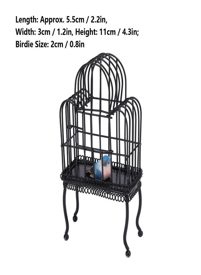 NOENNULL 1:12 Scale Dollhouse Bird Cage Metal Miniature Bird Cage Realistic Opening Door Miniature Dollhouse Bird Cage with Fake Grass Bird Sticker (Black) - Image 2