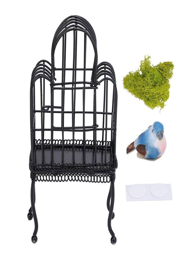 NOENNULL 1:12 Scale Dollhouse Bird Cage Metal Miniature Bird Cage Realistic Opening Door Miniature Dollhouse Bird Cage with Fake Grass Bird Sticker (Black) - Image 1