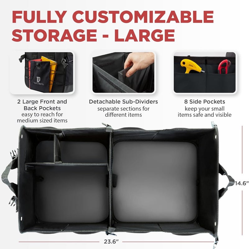 TRUNKCRATEPRO Trunk Organizer For Car, Suv, Truck | Premium Adjustable Multi Compartments Collapsible Car Trunk Organizer With Securing Straps & Non-Slip Bottom (Large Size, Black) - Image 2