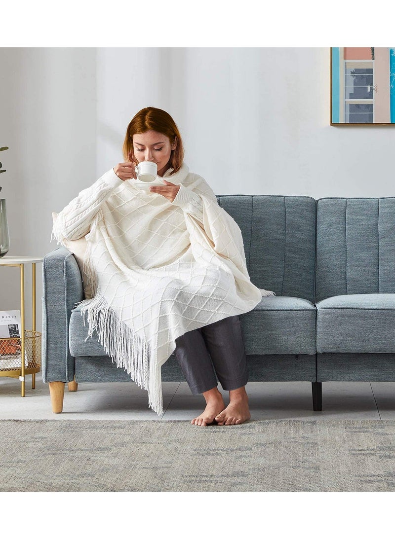 Sofa Decorative Blanket, Soft and Comfortable Knitted Blanket with Tassels for Sofa and Bed Diamond Shaped Coverlet Lightweight Decorative Bed End Blanket Nap Blanket (beige, 127x152cm) - Image 3