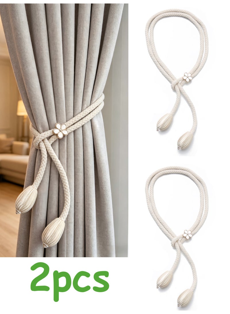 2 Pcs Curtain Tassel Tiebacks No Drilling, Boho Curtain Tiebacks Rope for Black Blue Light Color Curtains, Curtain Holders for Living Room Bedroom Outdoor Yard Garden Drapery (Beige) - Image 1