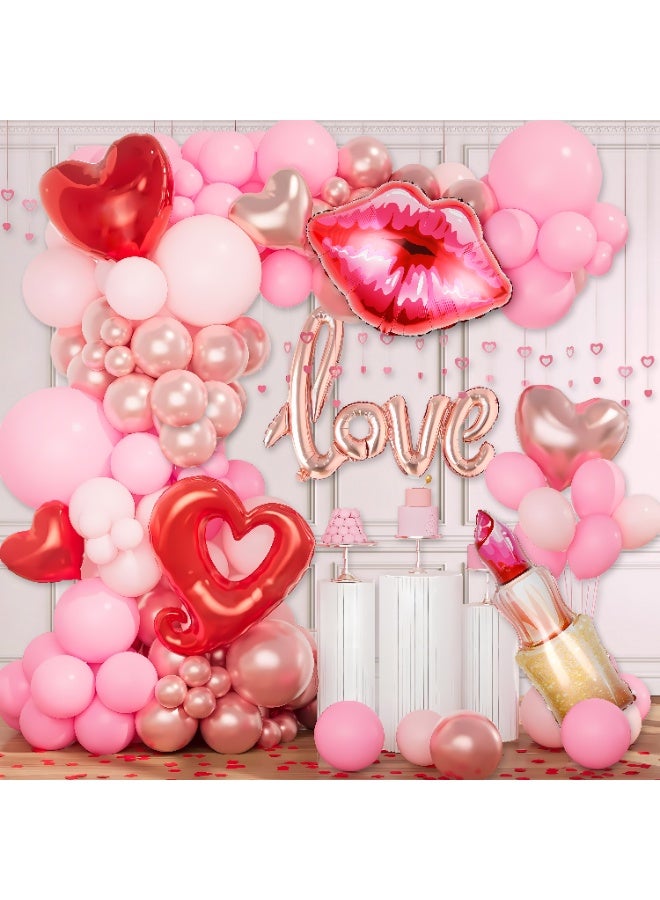 Valentine's Day Balloon Decoration Set, Pink and Red Heart Balloons with Love Script, Lips, Lipstick and Rose Gold Foil Balloons, Party Supplies Kit, 95 Pieces - Image 1