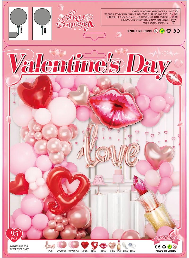 Valentine's Day Balloon Decoration Set, Pink and Red Heart Balloons with Love Script, Lips, Lipstick and Rose Gold Foil Balloons, Party Supplies Kit, 95 Pieces - Image 2