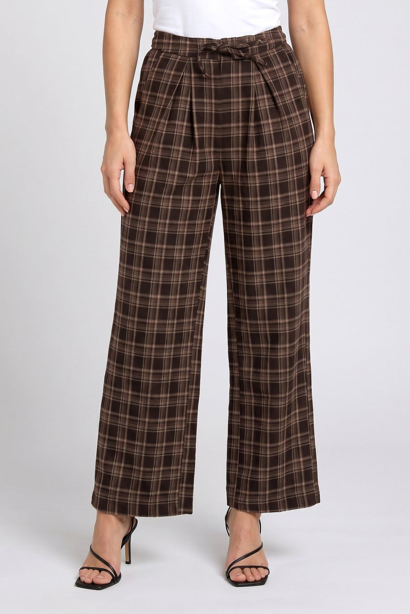 Threadbare Women Regular Fit Plaid Wide Leg Pants, Brown - Image 1