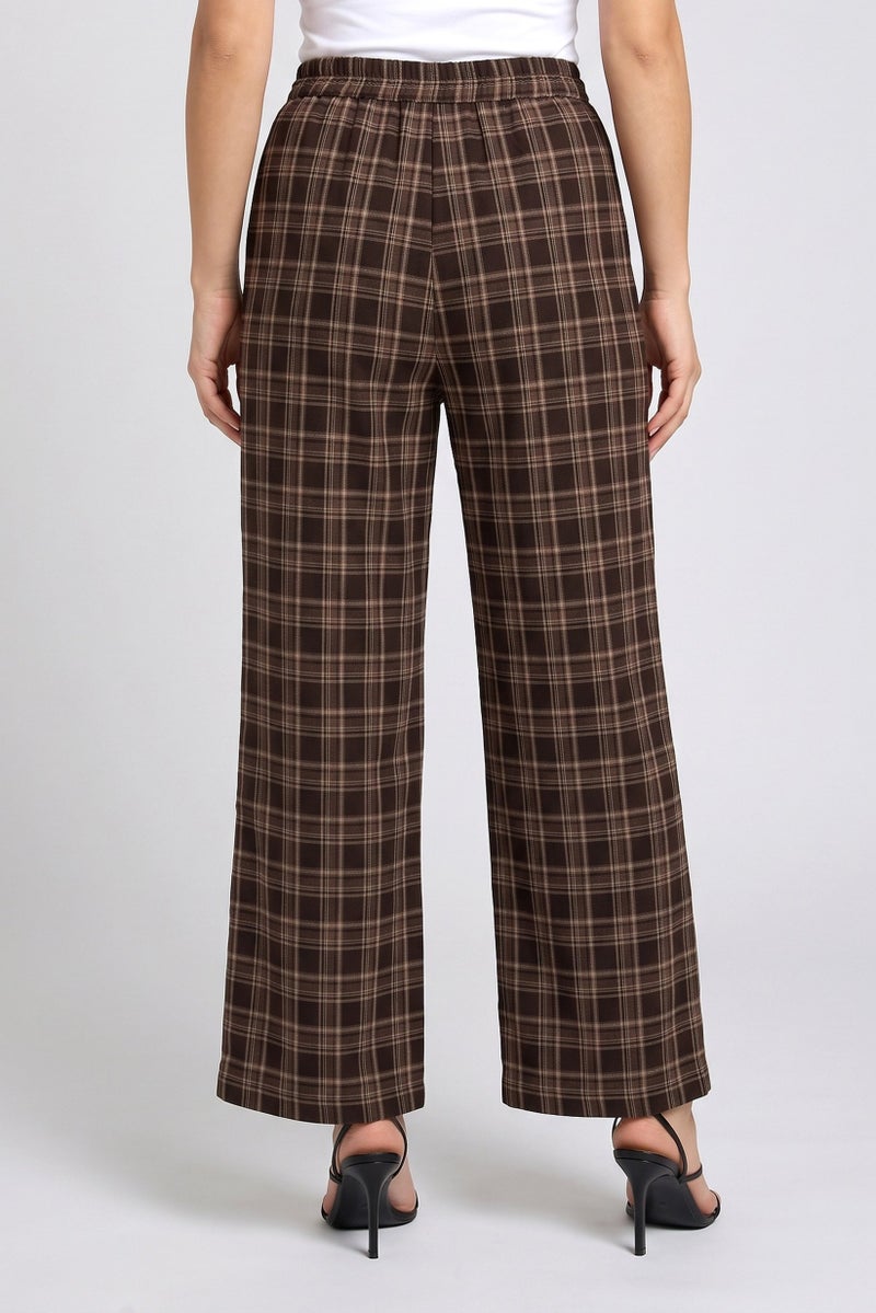 Threadbare Women Regular Fit Plaid Wide Leg Pants, Brown - Image 4