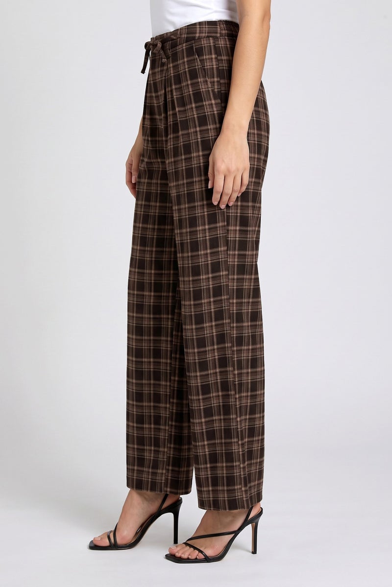 Threadbare Women Regular Fit Plaid Wide Leg Pants, Brown - Image 3