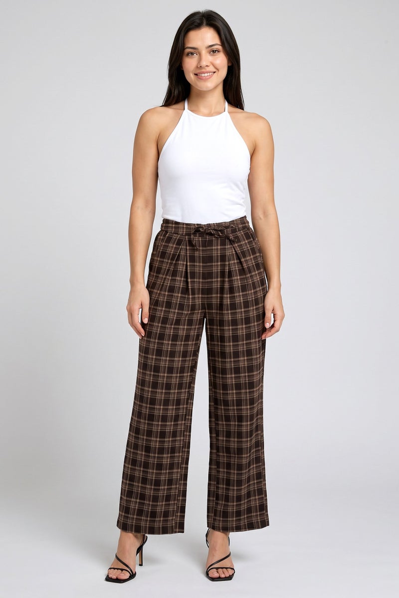Threadbare Women Regular Fit Plaid Wide Leg Pants, Brown - Image 2