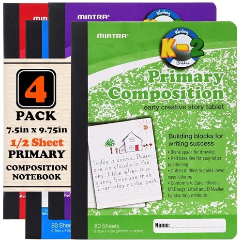 Mintra Office Mintra Primary Composition Notebook, 4 Pack, Assorted Colors 80 Sheets, 7.5in x 9.75in, 1/2 Sheet, Ruled with Drawing Area, Flexible Hardcover Journal, Grades K-2, School & Home Use - Image 1