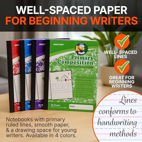 Mintra Office Mintra Primary Composition Notebook, 4 Pack, Assorted Colors 80 Sheets, 7.5in x 9.75in, 1/2 Sheet, Ruled with Drawing Area, Flexible Hardcover Journal, Grades K-2, School & Home Use - Image 4