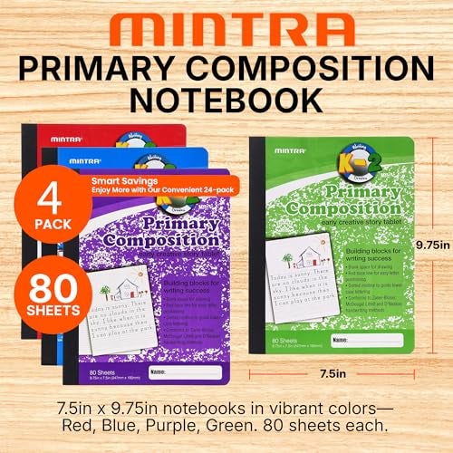 Mintra Office Mintra Primary Composition Notebook, 4 Pack, Assorted Colors 80 Sheets, 7.5in x 9.75in, 1/2 Sheet, Ruled with Drawing Area, Flexible Hardcover Journal, Grades K-2, School & Home Use - Image 2