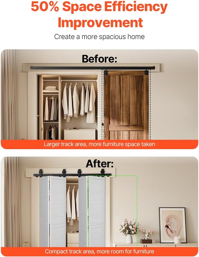 VEVOR 52" Bi-Folding Sliding Barn Door Hardware Track Kit, Bifold Sliding Door Hardware, Slide Smoothly Quietly, Heavy Duty, Easy to Install, for Four 12" Closet Pantry Laundry Barn Doors [No Door] - Image 3