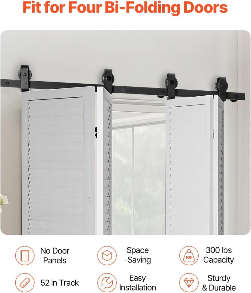 VEVOR 52" Bi-Folding Sliding Barn Door Hardware Track Kit, Bifold Sliding Door Hardware, Slide Smoothly Quietly, Heavy Duty, Easy to Install, for Four 12" Closet Pantry Laundry Barn Doors [No Door] - Image 2