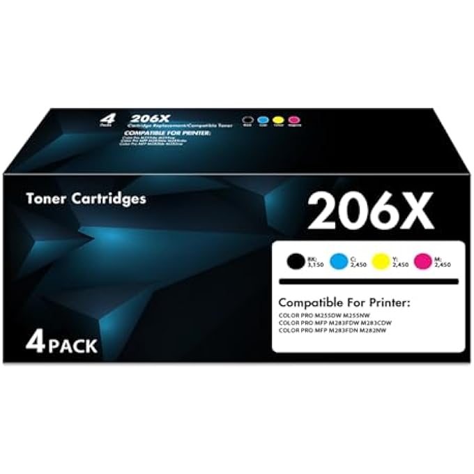 206X TONER CARTRIDGES HIGH YIELD 4-PACK COMPATIBLE MFP M283FDW M283CDW FOR 206X 206A SET FOR COLOR LASER JET PRO M255DW M255NW MFP M283FDW M283CDW M282NW M283FDN PRINTER INK - Image 1