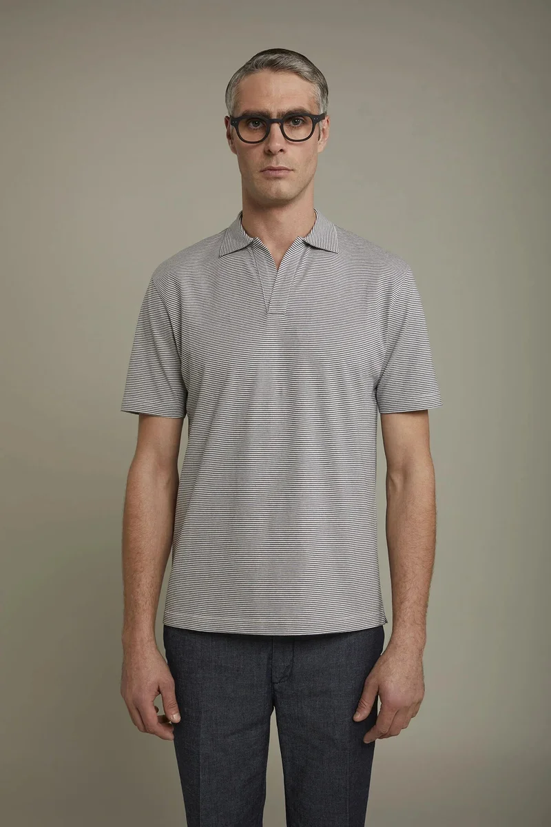 Doppelganger Men's short sleeve button-less polo shirt with derby collar and thin stripes 100% cotton regular fit - Offwhite/Anthra