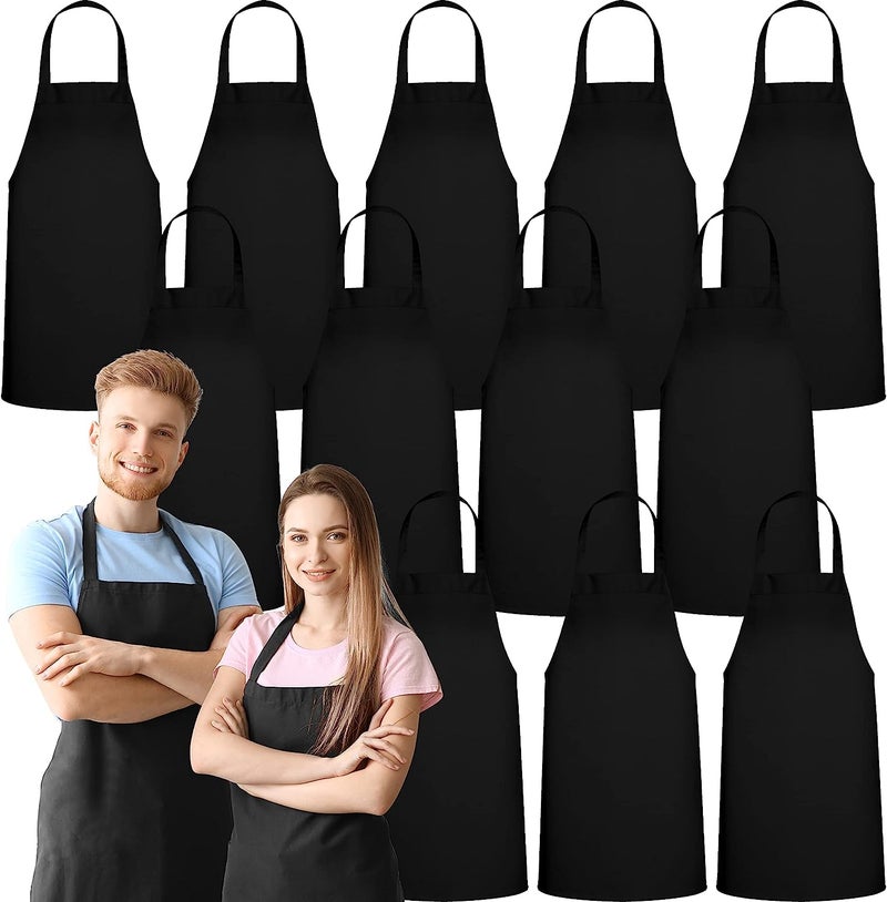 KBNBJ 12 Pack Bib Apron - Unisex Black Aprons, Machine Washable Aprons for Men and Women, Kitchen Cooking BBQ Aprons Bulk (Pack of 12, 2 Pockets,) - Image 1
