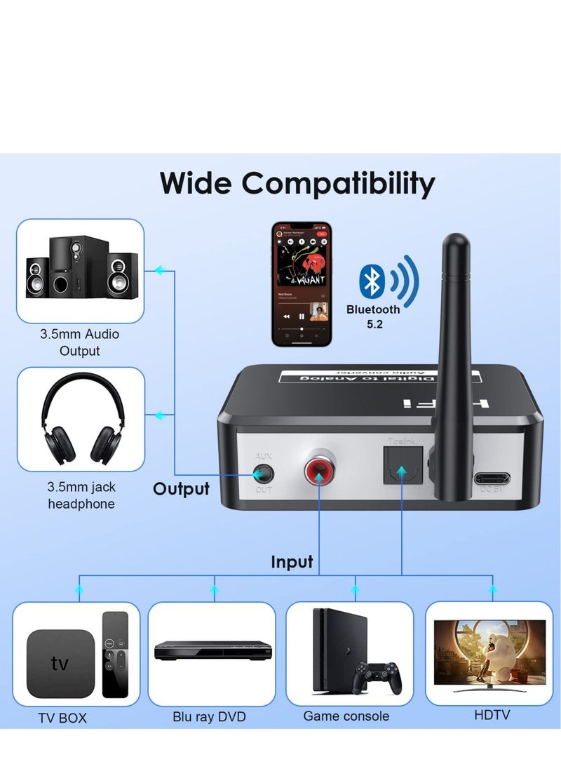 Generic - 192KHZDigital to Analog Audio Converter, 5.2 Bluetooth Receiver DAC Wireless Audio Adapter with OpticalCoaxial to 3.5mm Audio Output for PS3 PS4 DVD AppleTV Home Cinema - Image 1