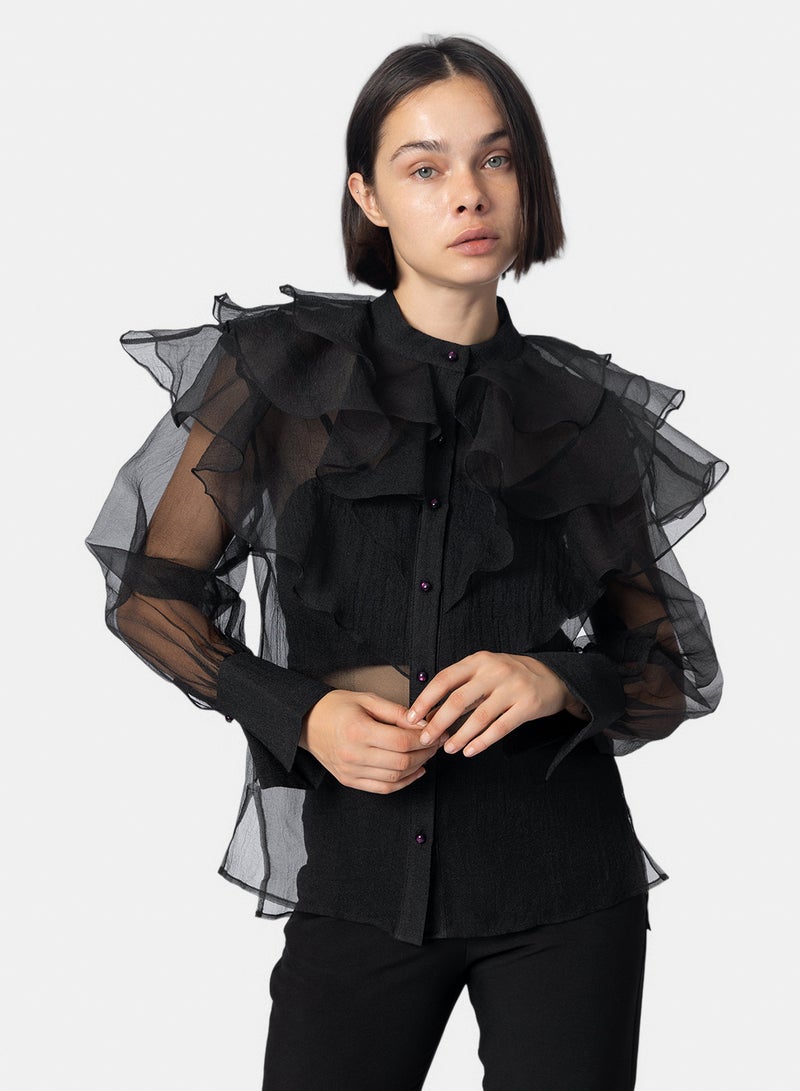 Fazzali Black Ruffled Colar Organza Blouse - Image 1