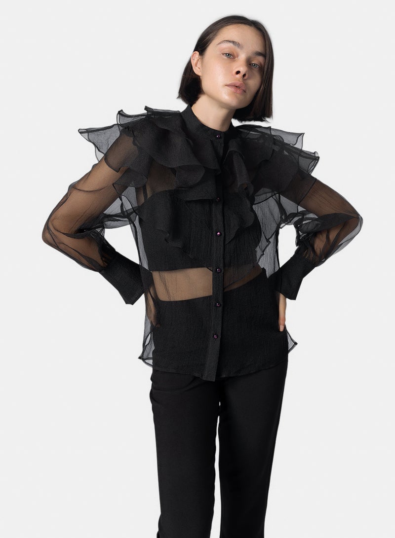 Fazzali Black Ruffled Colar Organza Blouse - Image 3