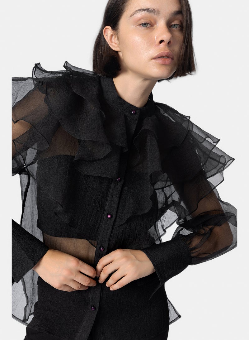 Fazzali Black Ruffled Colar Organza Blouse - Image 2