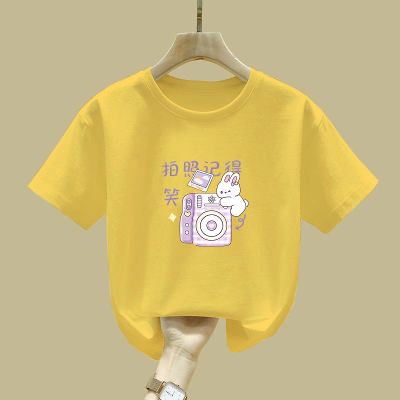 2372# Girls' Summer Pure Cotton All-Match Short-Sleeved T-Shirt New Cartoon Printed Girls Base Top - Image 1
