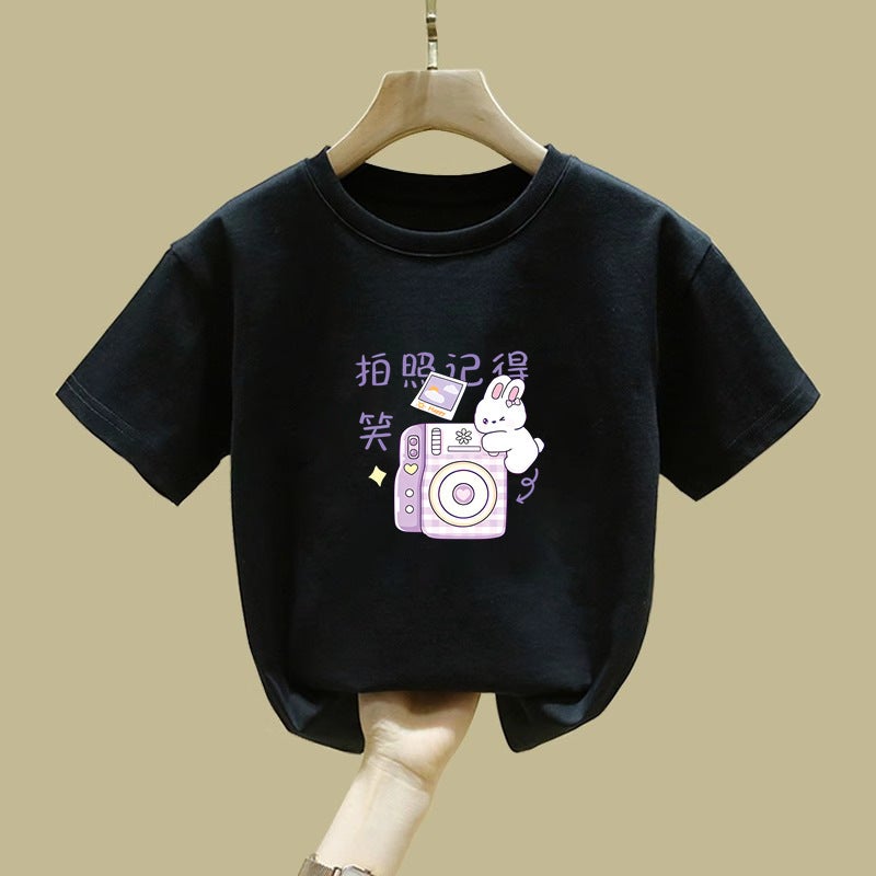 2372# Girls' Summer Pure Cotton All-Match Short-Sleeved T-Shirt New Cartoon Printed Girls Base Top - Image 5