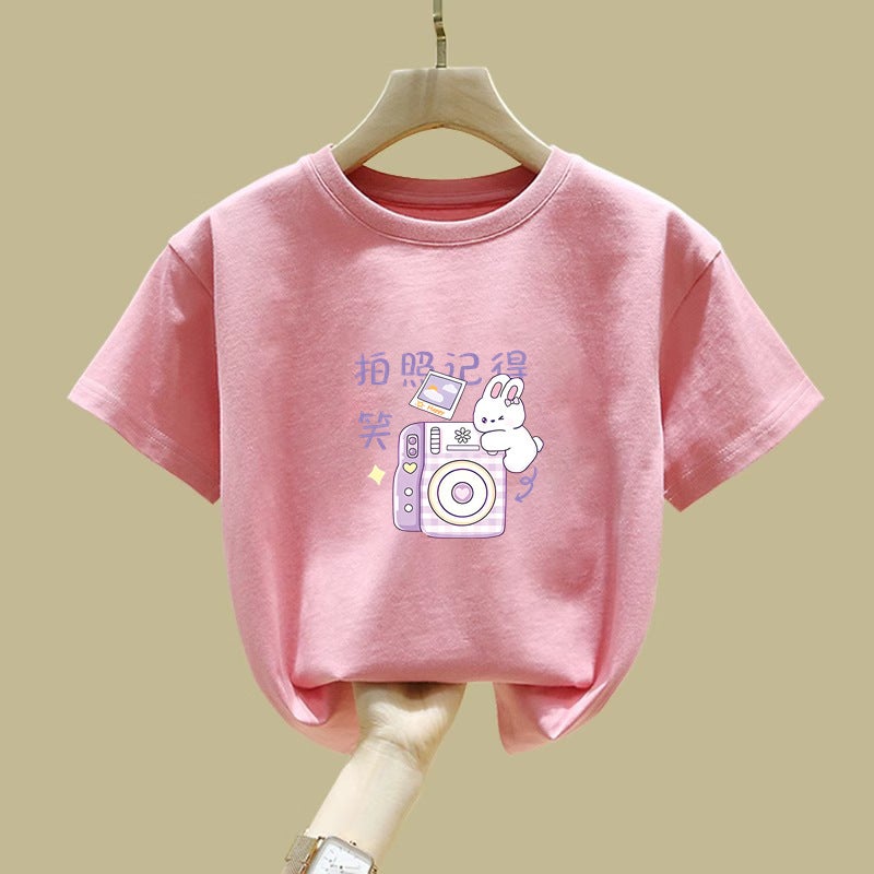 2372# Girls' Summer Pure Cotton All-Match Short-Sleeved T-Shirt New Cartoon Printed Girls Base Top - Image 4
