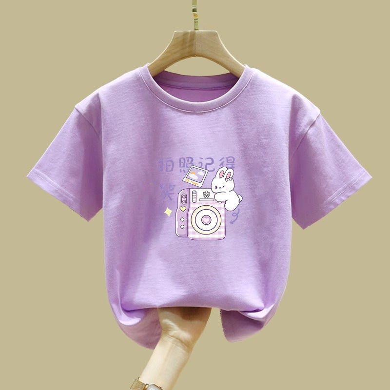 2372# Girls' Summer Pure Cotton All-Match Short-Sleeved T-Shirt New Cartoon Printed Girls Base Top - Image 2