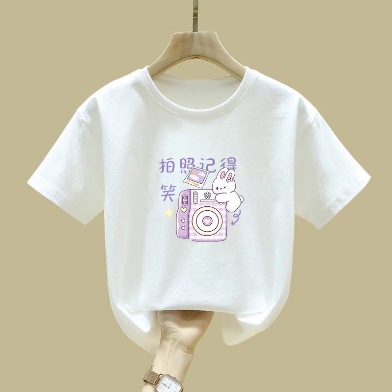 2372# Girls' Summer Pure Cotton All-Match Short-Sleeved T-Shirt New Cartoon Printed Girls Base Top - Image 3