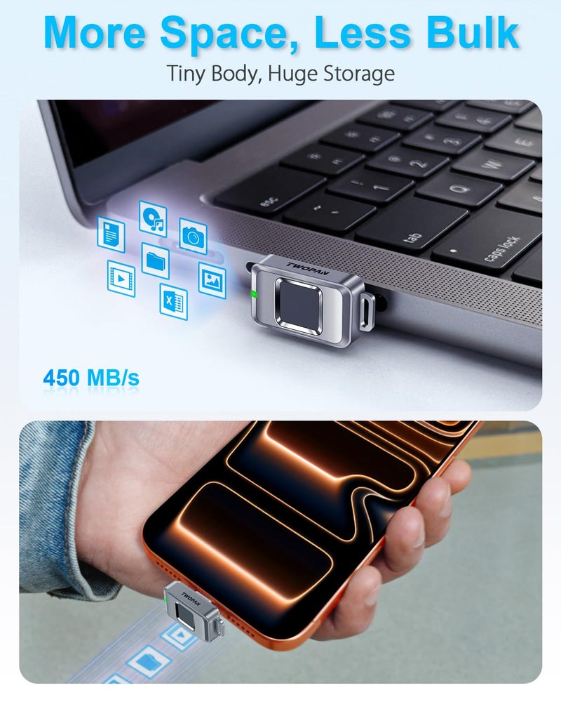 TWOPAN Nano SSD 256GB, USB-C External SSD Storage Hard Drive with Fingerprint Lock, Compatible with iPhone 17/16/15, MacBook, iPad, Steam Deck, PS5, Selfie Stick, Android, Travel and Backup - Image 5