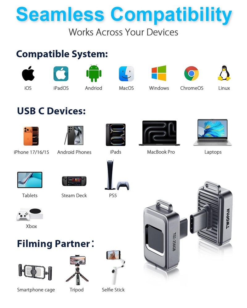 TWOPAN Nano SSD 256GB, USB-C External SSD Storage Hard Drive with Fingerprint Lock, Compatible with iPhone 17/16/15, MacBook, iPad, Steam Deck, PS5, Selfie Stick, Android, Travel and Backup - Image 4