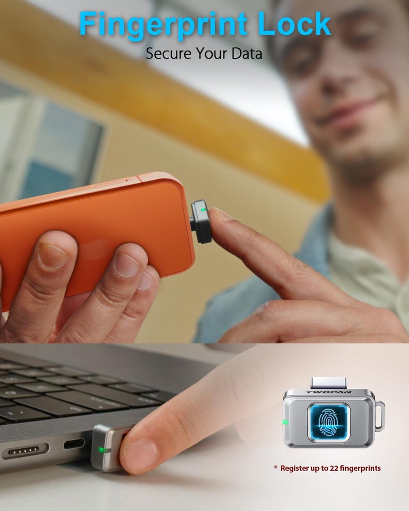 TWOPAN Nano SSD 256GB, USB-C External SSD Storage Hard Drive with Fingerprint Lock, Compatible with iPhone 17/16/15, MacBook, iPad, Steam Deck, PS5, Selfie Stick, Android, Travel and Backup - Image 2