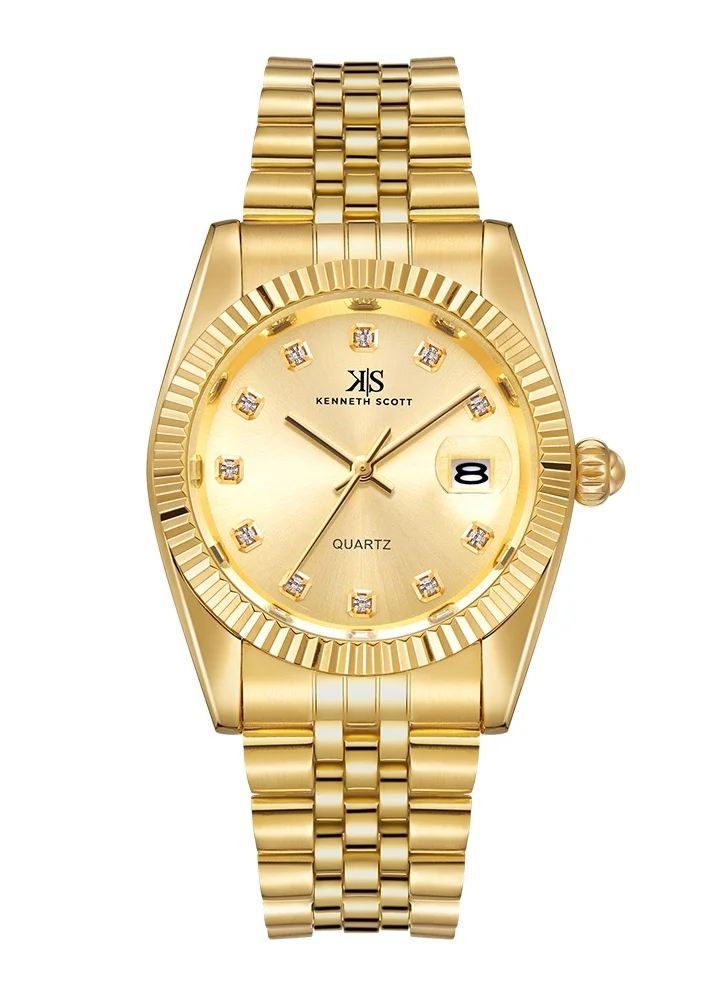 كينيث سكوت Kenneth Scott Men's Quartz Movement Watch, Analog Display and Stainless Steel Strap - K22036-GBGC, Gold