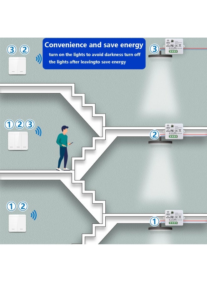 3 طريقة AC Smart Wireless Switch Kit ، RF 433MHz ، 3 أجهزة استقبال + 2 مفاتيح جدارية ، 30m داخلي / 50m خارجي ، سهل تركيب لا حفر ، للأضواء والمروحة والمضخات - Image 2