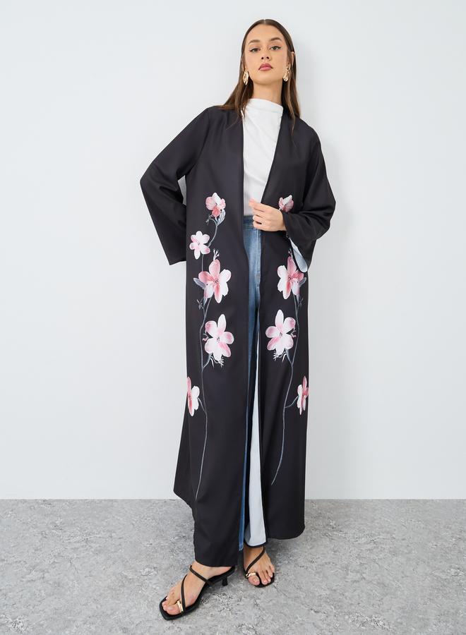 Styli Floral Placement Print Front Open Abaya - Image 1
