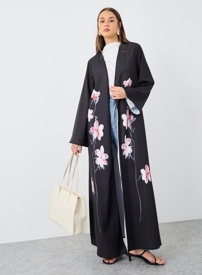 Styli Floral Placement Print Front Open Abaya - Image 2