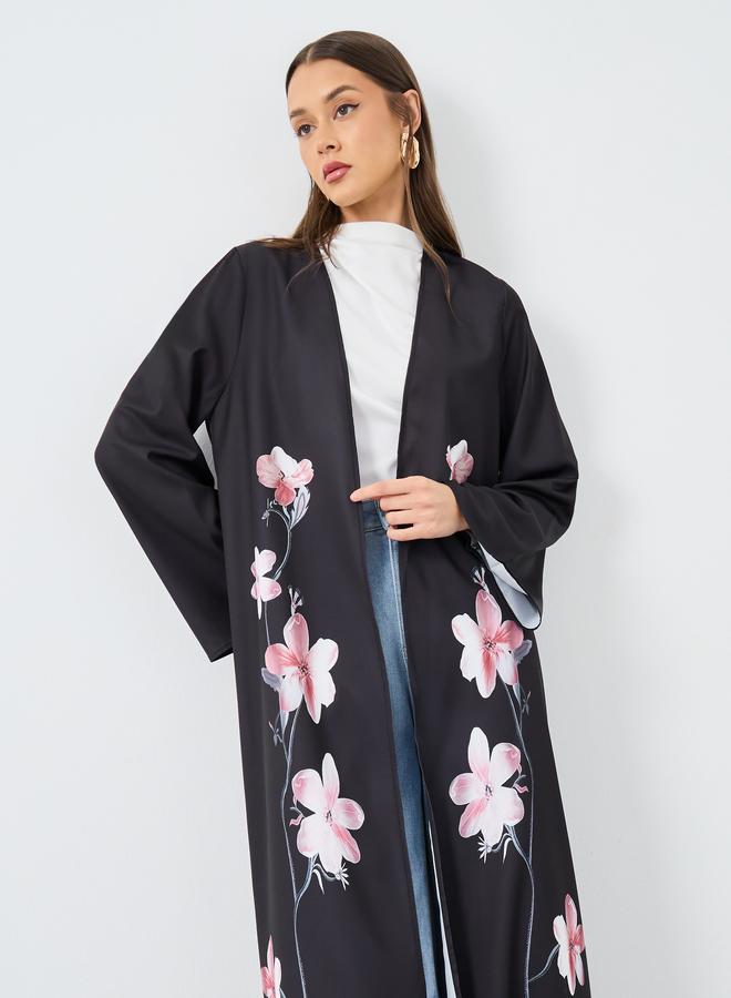 Styli Floral Placement Print Front Open Abaya - Image 3