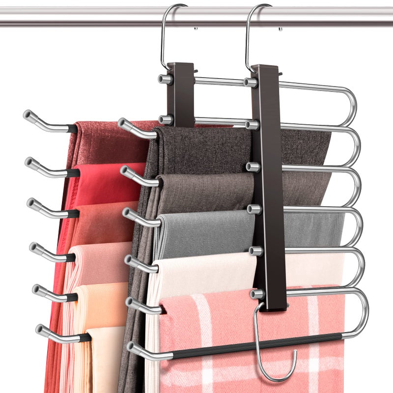 HUITEM Space Saving 6 Tier Pant Hangers, Anti-Slip, Stainless Steel, 2 Pack, Black - Image 1